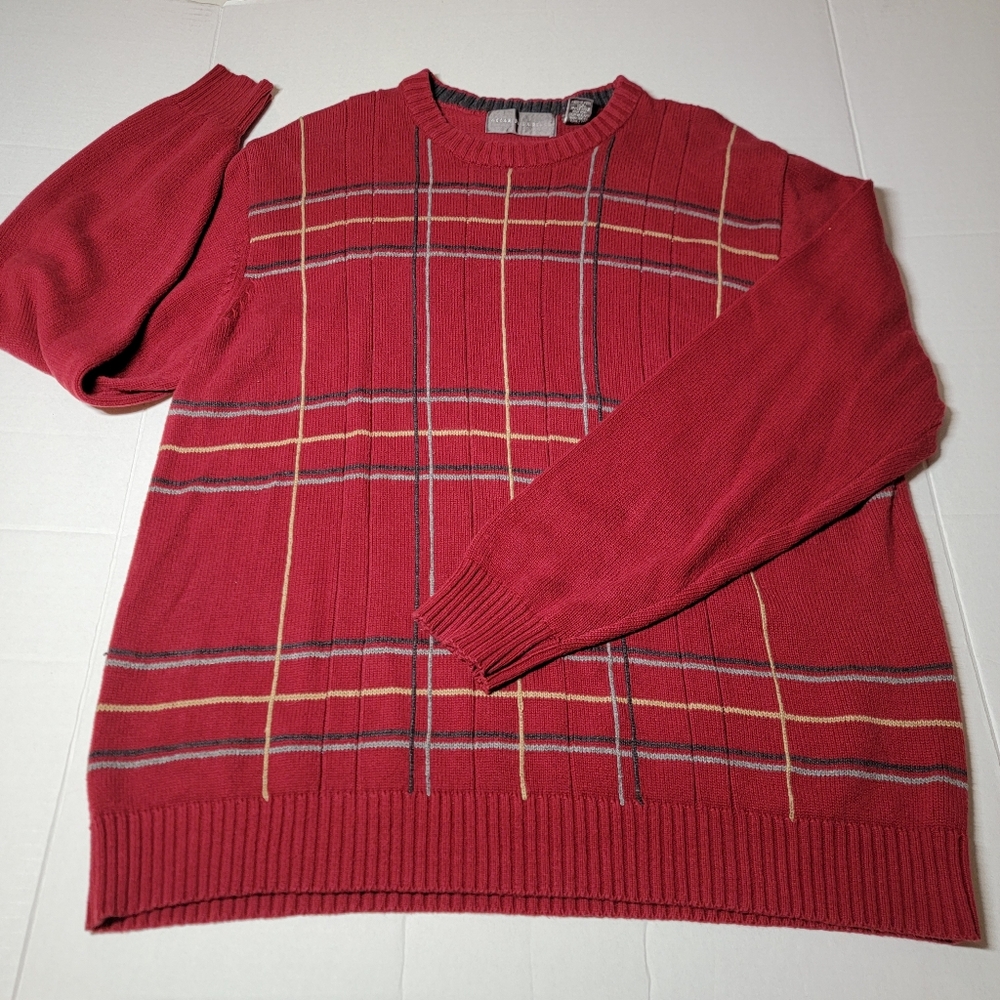 💚Oscar‎ De La Renta Sweater Men's Size XL Red Plaid Pullover